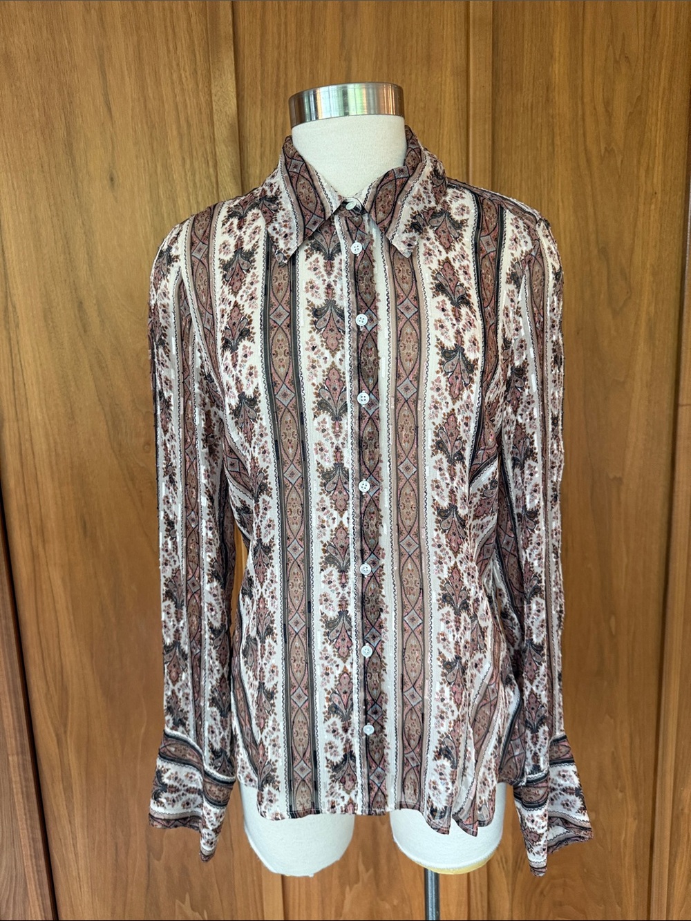 PAIGE  Long-Sleeve Paisley Stripe Button-Down in Cream and Brown